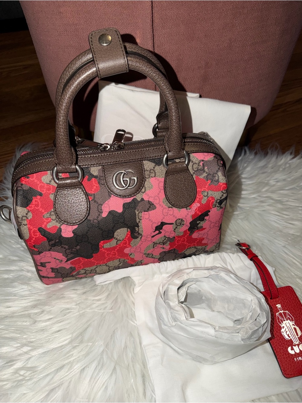 GUCCI Camo Boston Bag Pink Red Beige GG Canvas Brn Leather Trim Small Duffle NWT